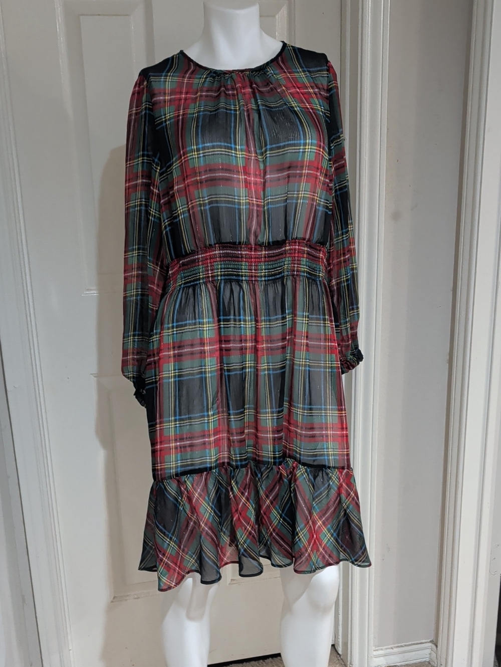 J. Crew Plaid Long-Sleeve Sheer Tiered Midi Dress in Red, Green & Blue Size XL